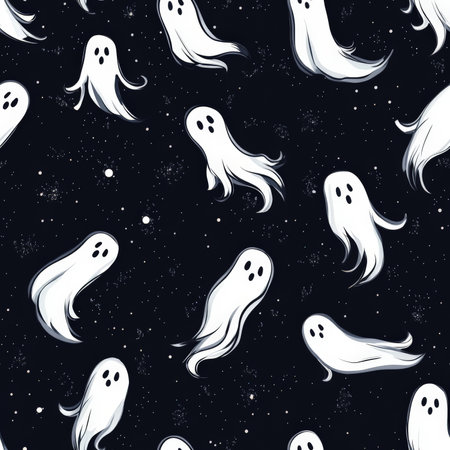 A floating ghost pattern with cute, friendly spirits swirling around on a dark nightの素材