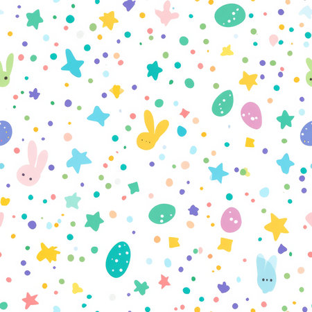 A joyful confetti Easter pattern with scattered stars, tiny dots, and colorful elementsの素材