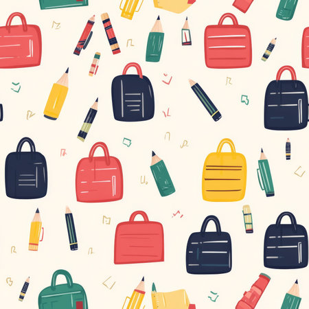 A nostalgic back-to-school pattern with notebooks, pencils, and colorful backpacksの素材