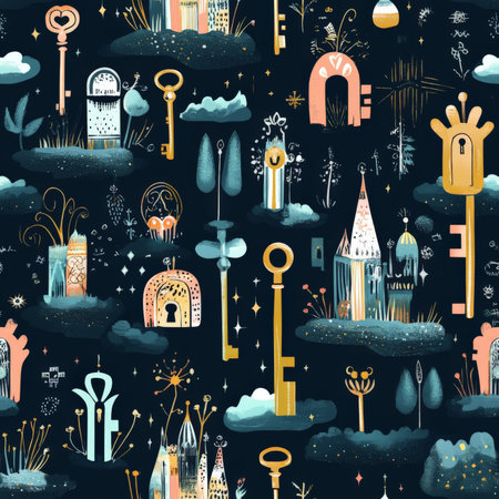 A whimsical key and lock pattern where golden keys unlock hidden doors to magical worlds full of adventureの素材