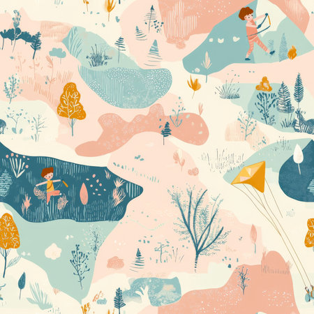 A whimsical kite adventure pattern where kids hold onto enchanted kites, flying through dreamlike landscapes of pastel colorsの素材
