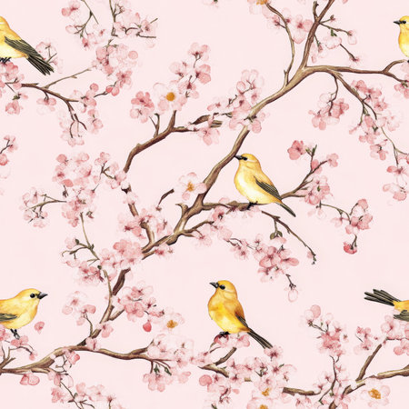 A dreamy cherry blossom branch pattern with golden birds perched on delicate pink flowersの素材