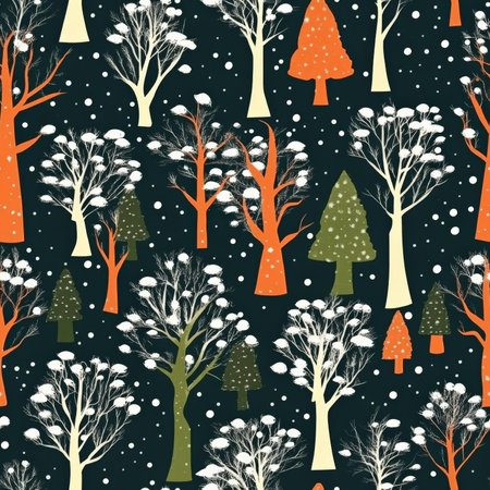 A whimsical seasonal transition pattern where trees change from green to orange to snow-coveredの素材