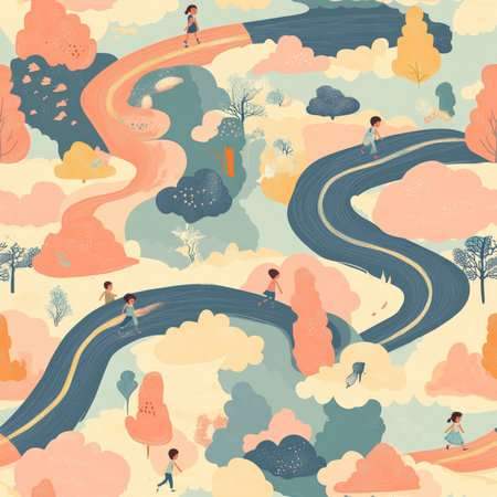 A surreal ribbon road pattern where kids walk on winding ribbons that float through dreamy landscapesの素材