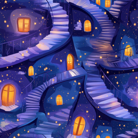 A magical glowing spiral staircase pattern where kids climb toward the stars, discovering hidden doors along the wayの素材