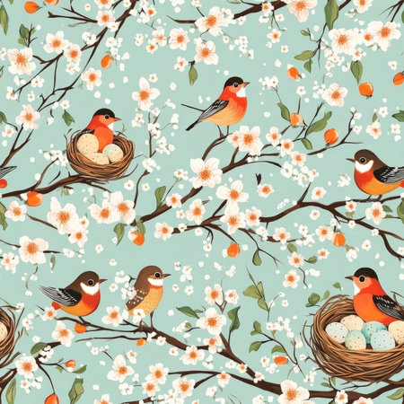 A robin and nest pattern with little birds sitting on their eggs, surrounded by blossomsの素材