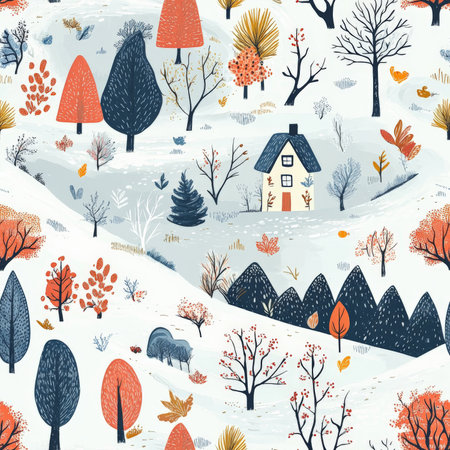 A charming changing landscape pattern showing a little house surrounded by seasonal transformationsの素材