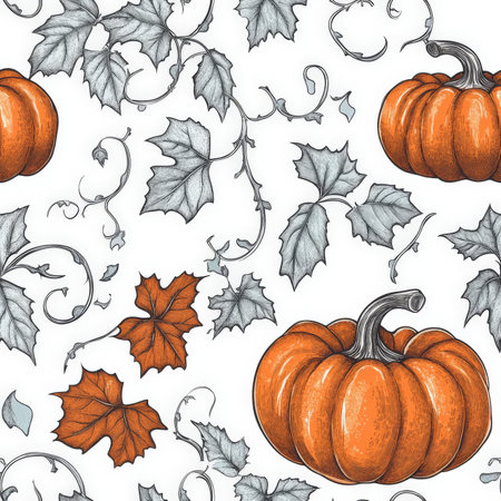 A hand-drawn pumpkin patch pattern with detailed autumn leaves and vinesの素材