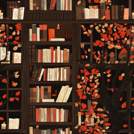 A cozy bookstore pattern with autumn leaves outside, stacks of books, and candlelit reading cornersの素材