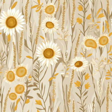 A peaceful sunflower and wheat field pattern with golden hues and a light breezeの素材