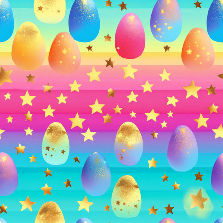 A vibrant rainbow Easter egg pattern with bright ombre colors and golden starsの素材