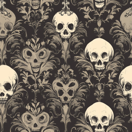 A gothic Victorian wallpaper pattern with ornate dark flourishes and vintage skullsの素材