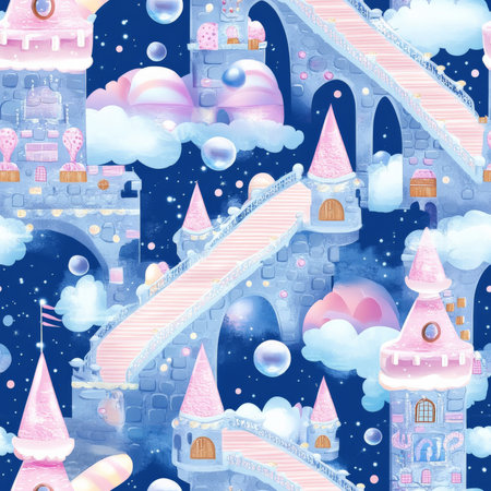 A whimsical fairy tale castle pattern featuring towers made of ice cream, bridges of candy, and floating magical bubblesの素材