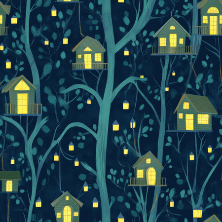 A whimsical floating treehouse pattern where kids explore treetop homes, zip-lining between glowing branchesの素材