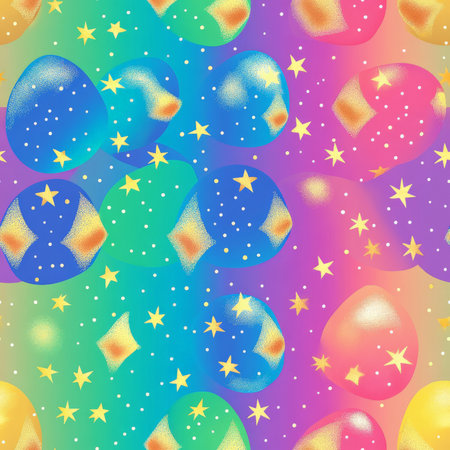 A vibrant rainbow Easter egg pattern with bright ombre colors and golden starsの素材