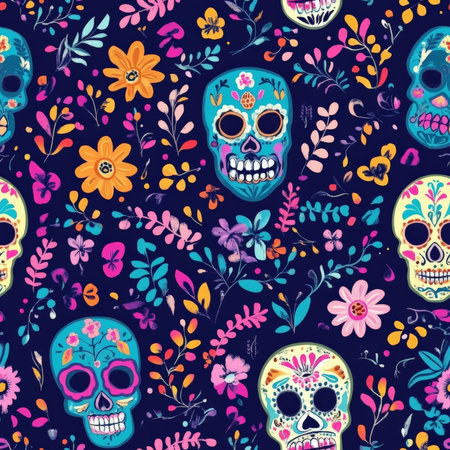 A Day of the Dead skull pattern with colorful sugar skulls and floral designsの素材
