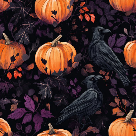 A spooky pumpkin and raven pattern with dark autumn leaves and gothic vibesの素材