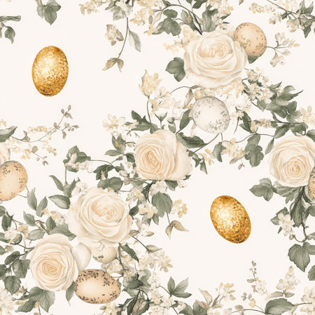 A vintage Easter floral wreath pattern with soft roses, ivy, and golden Easter eggsの素材