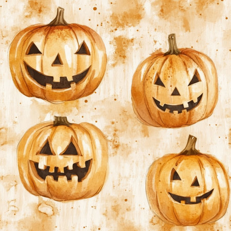 A vintage Halloween pumpkin pattern with soft watercolor textures and spooky carved facesの素材