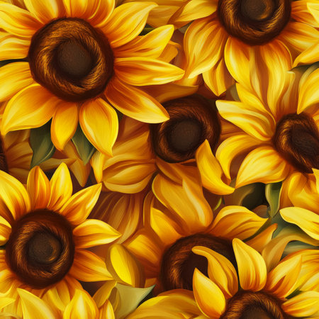 A lively sunflower field pattern with golden petals swaying in the warm summer breezeの素材