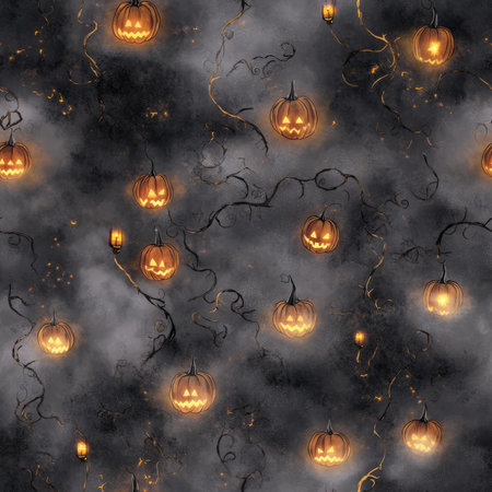 A spooky pumpkin field pattern with twisted vines and glowing lanterns scattered in the fogの素材