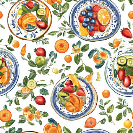 A seamless fruit and Ramadan dish pattern with colorful, fresh ingredients on decorative platesの素材