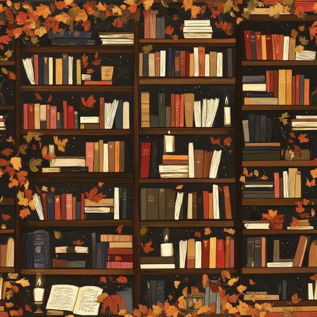 A cozy bookstore pattern with autumn leaves outside, stacks of books, and candlelit reading cornersの素材
