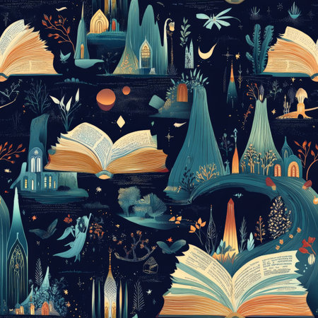 A dreamy magical book pattern where every page opens a portal to another adventureの素材