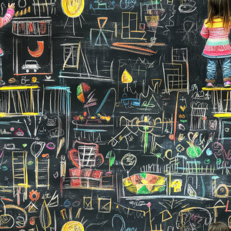 A surreal chalk drawing pattern where kids step inside their own chalk art, bringing doodles to lifeの素材
