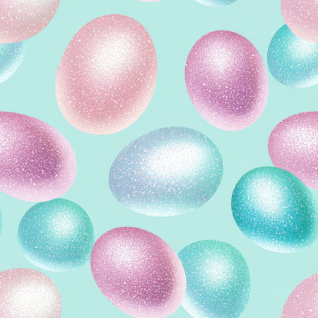 A glittery Easter egg pattern with shiny metallic textures and sparkling pastel colorsの素材
