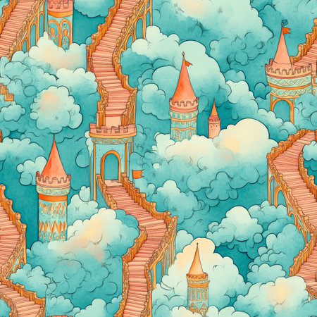 A dreamy hidden staircase pattern where kids find magical staircases that lead to fantasy castles in the cloudsの素材