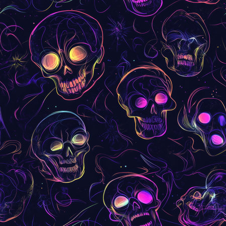 A scary glowing skull pattern with neon effects on a deep black backgroundの素材