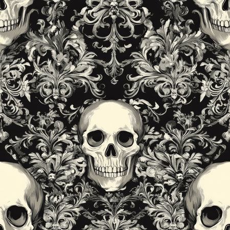 A skull and bone pattern with vintage gothic elements and intricate detailingの素材