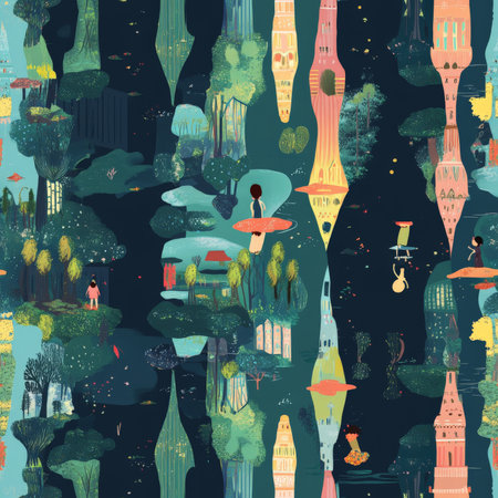 A surreal dream mirror pattern where kids enter reflections that lead to opposite worlds, with floating forests and upside-down citiesの素材