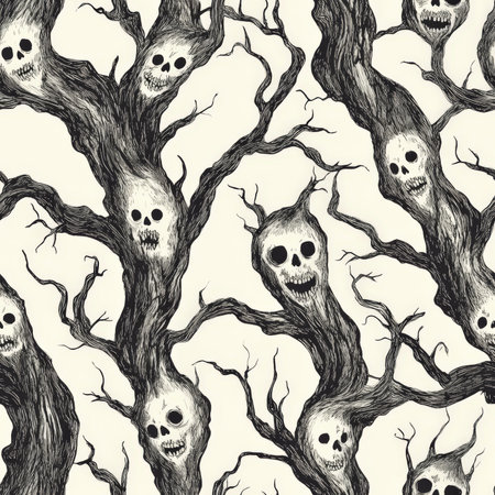 A haunted tree pattern with twisted branches and eerie faces hidden in the barkの素材