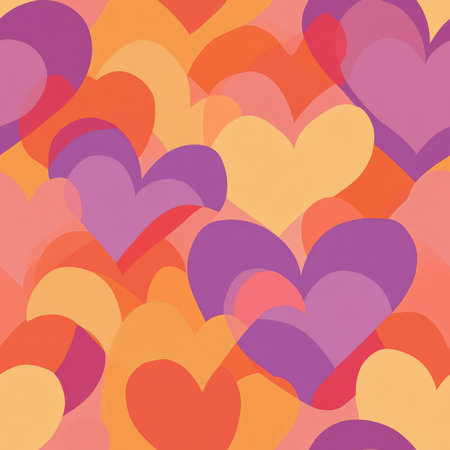 A sunset-themed heart pattern, where warm orange, pink, and purple hearts blend seamlessly into each other, creating a dreamy and cozy effectの素材