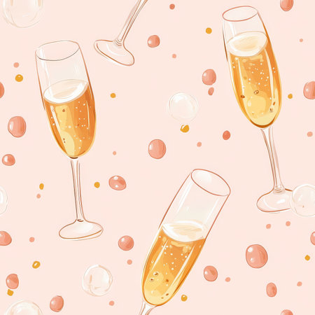 A celebratory pattern featuring champagne popping, glasses clinking, and bubbles floating in the airの素材