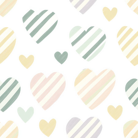 A seamless pattern of striped hearts in alternating pastel colors, arranged in a diagonal layout for a modern and stylish look. Perfect for kids' fabric and stationeryの素材