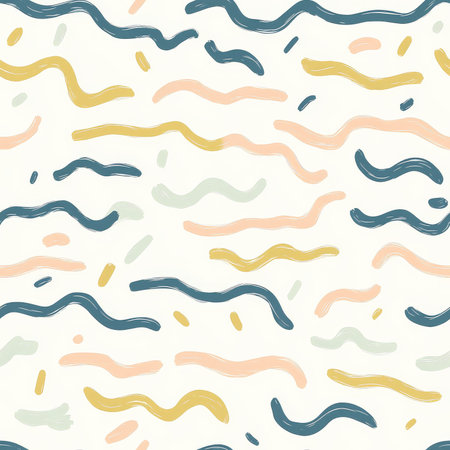 A cute line pattern with tiny, wavy hand-drawn lines forming a playful and textured surface in pastel shades. A lovely choice for children's fabricsの素材