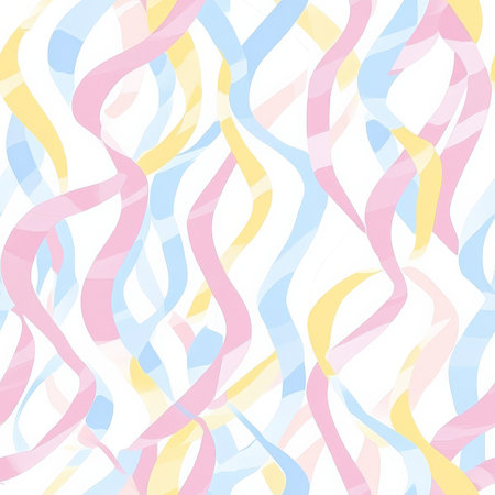 A pastel birthday ribbon pattern with flowing, curling ribbons in soft pink, blue, and yellow huesの素材