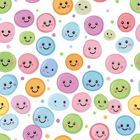 A kawaii-inspired dot pattern with smiling cartoon faces inside each dot, arranged in a fun and colorful design. Perfect for kids' apparel or stickersの素材