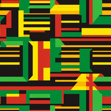 A vibrant Kente cloth pattern with bold geometric shapes in bright yellow, green, red, and black, inspired by traditional Ghanaian weavingの素材