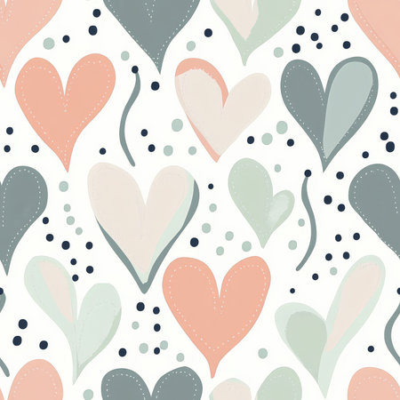 A modern pattern of alternating hearts and dots, with smooth curved lines and overlapping shapes in calming pastel colors. Perfect for childrenÃ¢â¬â¢s bedding or wallpaperの素材