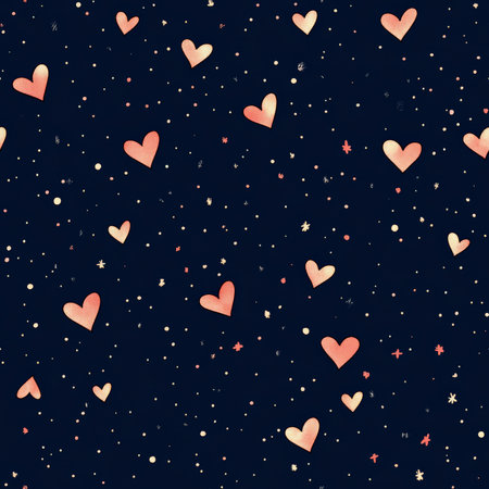 A celestial heart pattern, with tiny glowing hearts among twinkling stars, floating on a deep navy background. A dreamy space-inspired design for kidsの素材