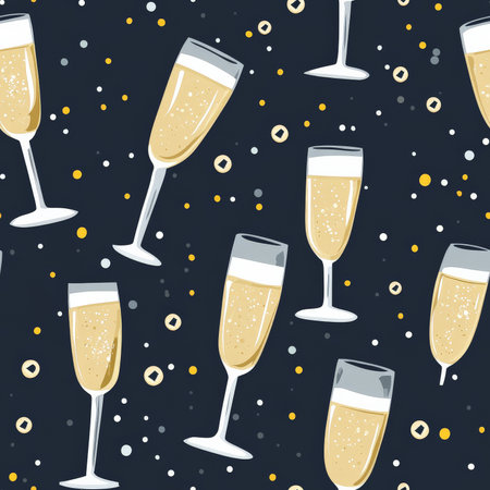 A celebratory pattern featuring champagne popping, glasses clinking, and bubbles floating in the airの素材