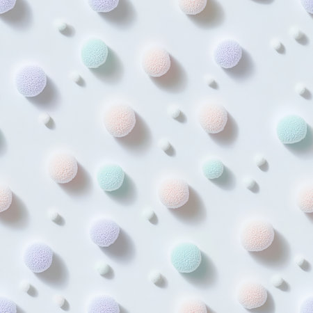 A polka dot pattern with fuzzy textured circles in pastel hues, looking like soft cotton balls scattered on a white surfaceの素材