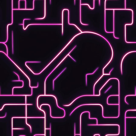 A geometric heart maze, where hearts are interconnected with thin glowing lines in neon colors, forming a fun puzzle-like patternの素材