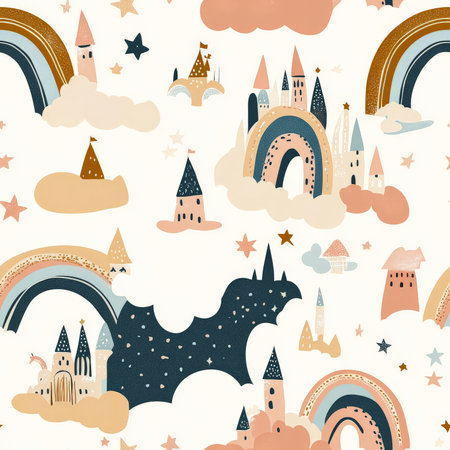 A dreamy unicorn and rainbow pattern with twinkling stars, pastel-colored clouds, and floating castlesの素材