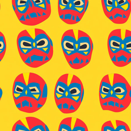 A stylized Lucha Libre wrestling mask pattern with bold, angular designs in red, blue, and yellow, capturing the spirit of Mexican wrestlingの素材