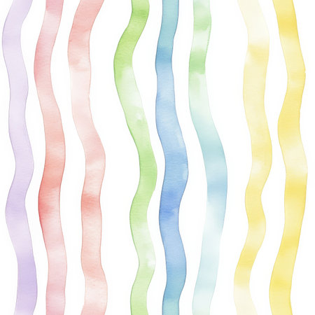 A whimsical rainbow stripe pattern, with soft watercolor lines blending gently into each other on a white background. A dreamy design for kids' apparel and decorの素材